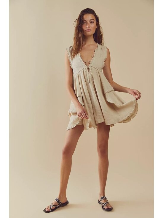 Free People Dresses & Skirts - Free People Beige Layered Ruffle Ruched V-Neck Mini Dress S | Coastal Boho Indie